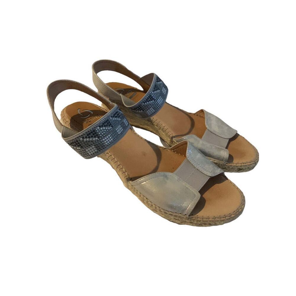 41 (9.5M) Kanna Women's Wedge‎ Espadrille Sandals Ankle Strap Silver Spain